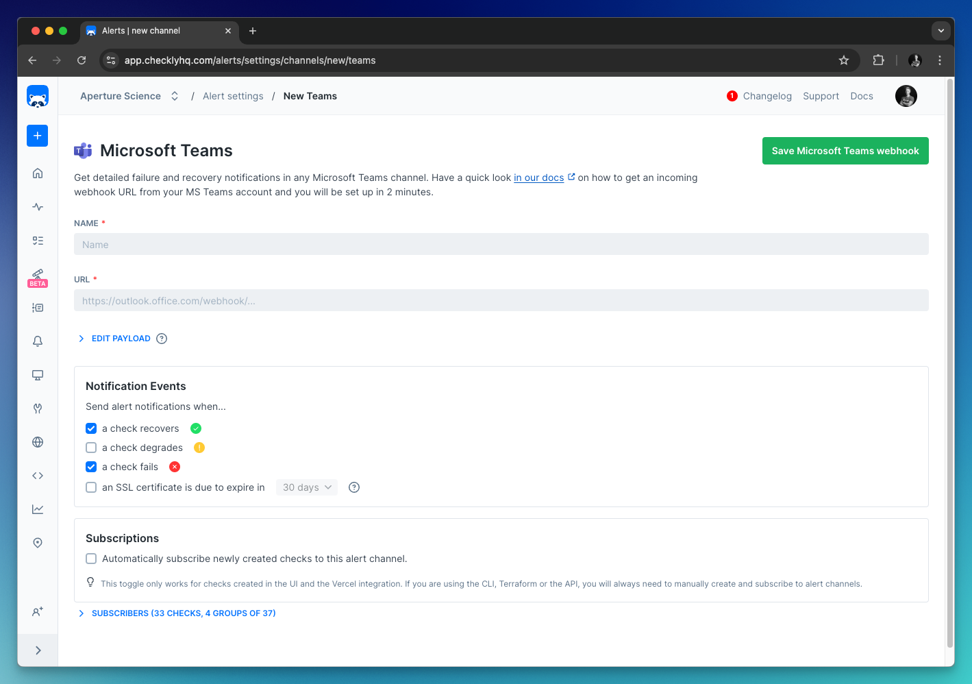 setup checkly msteams integration step 6